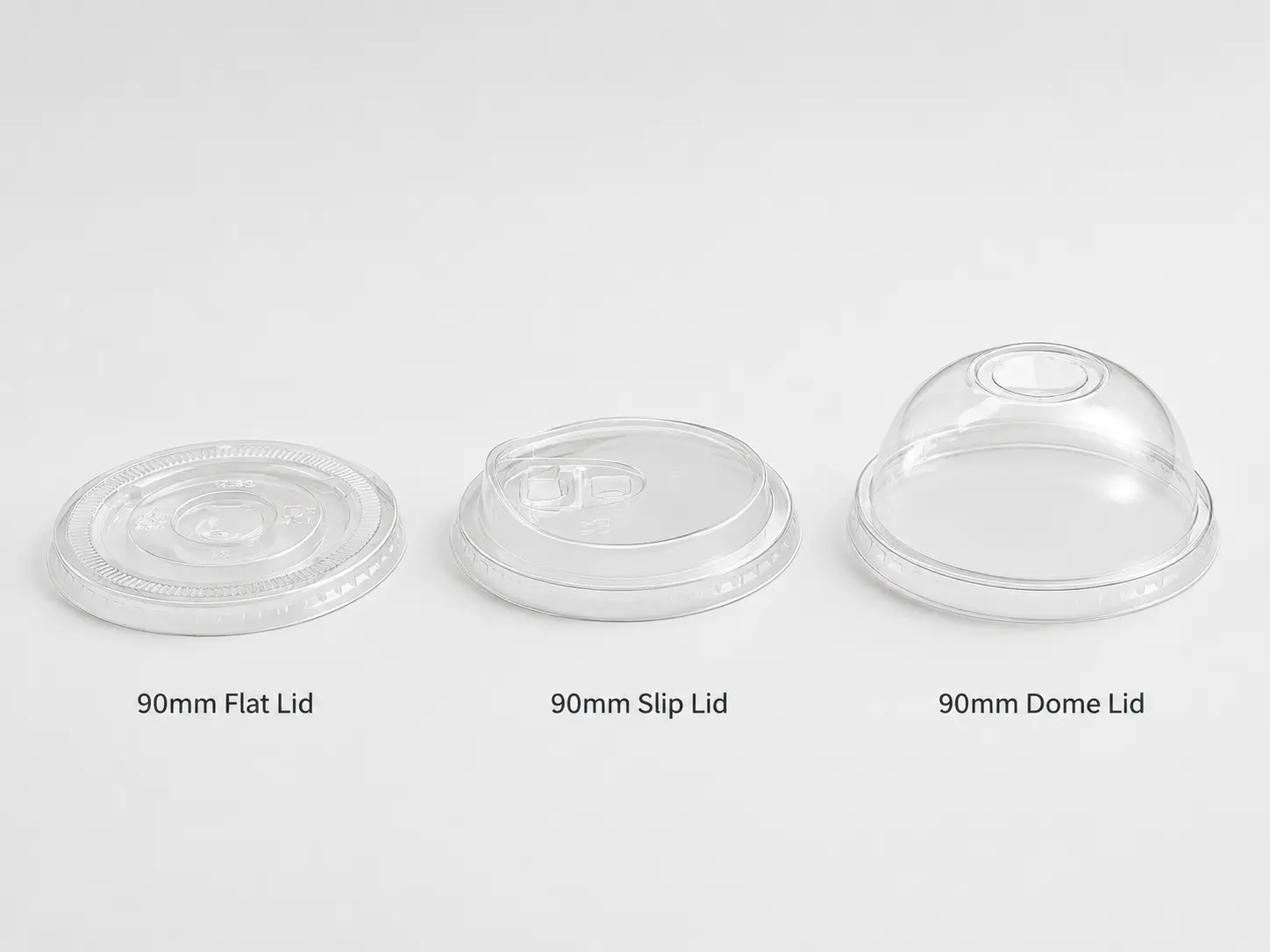 90mm PET flat lid, sip lid, and dome lid options for clear plastic cold drink cups